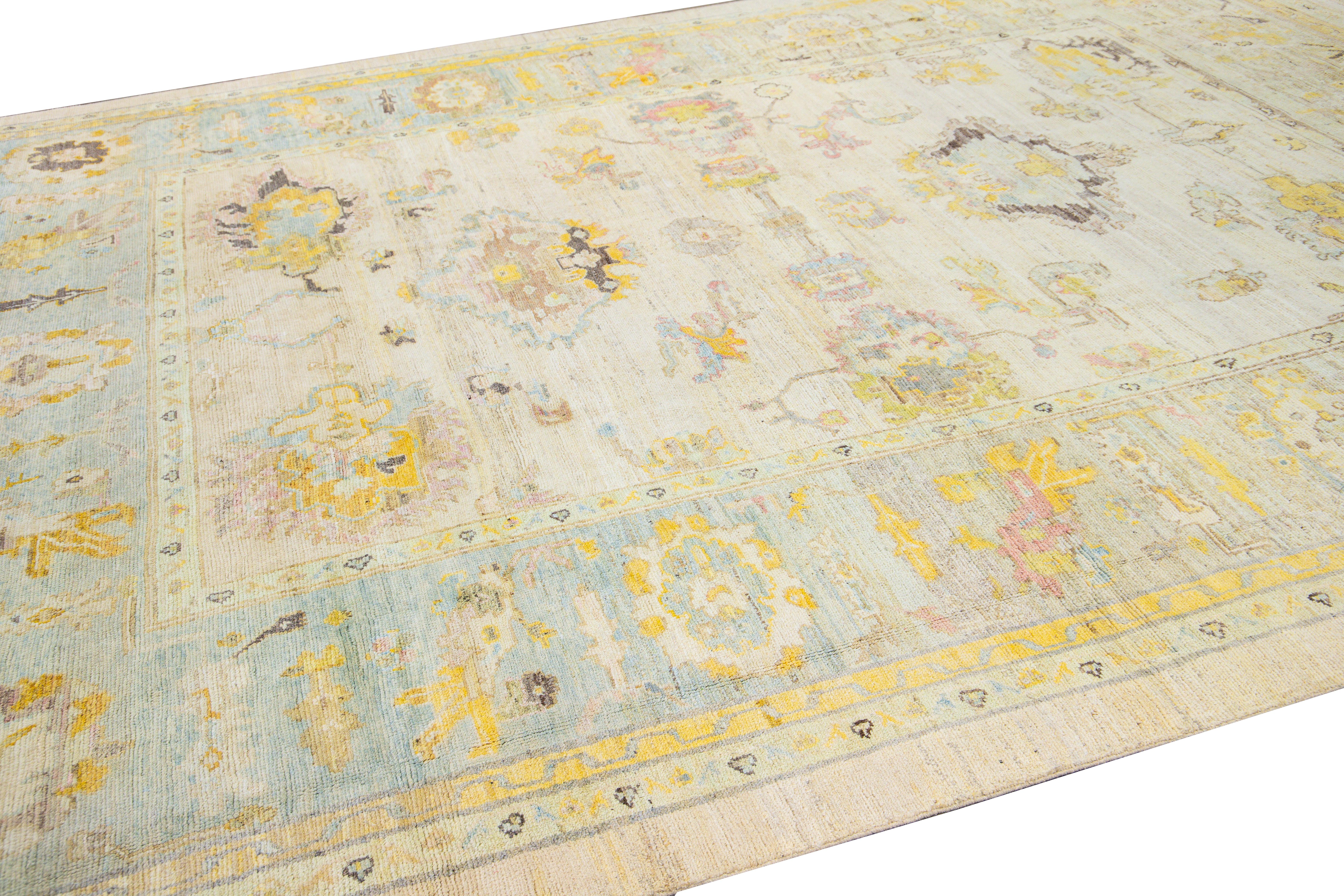 Modern Oushak Handmade Floral Yellow Wool Rug In New Condition For Sale In Norwalk, CT