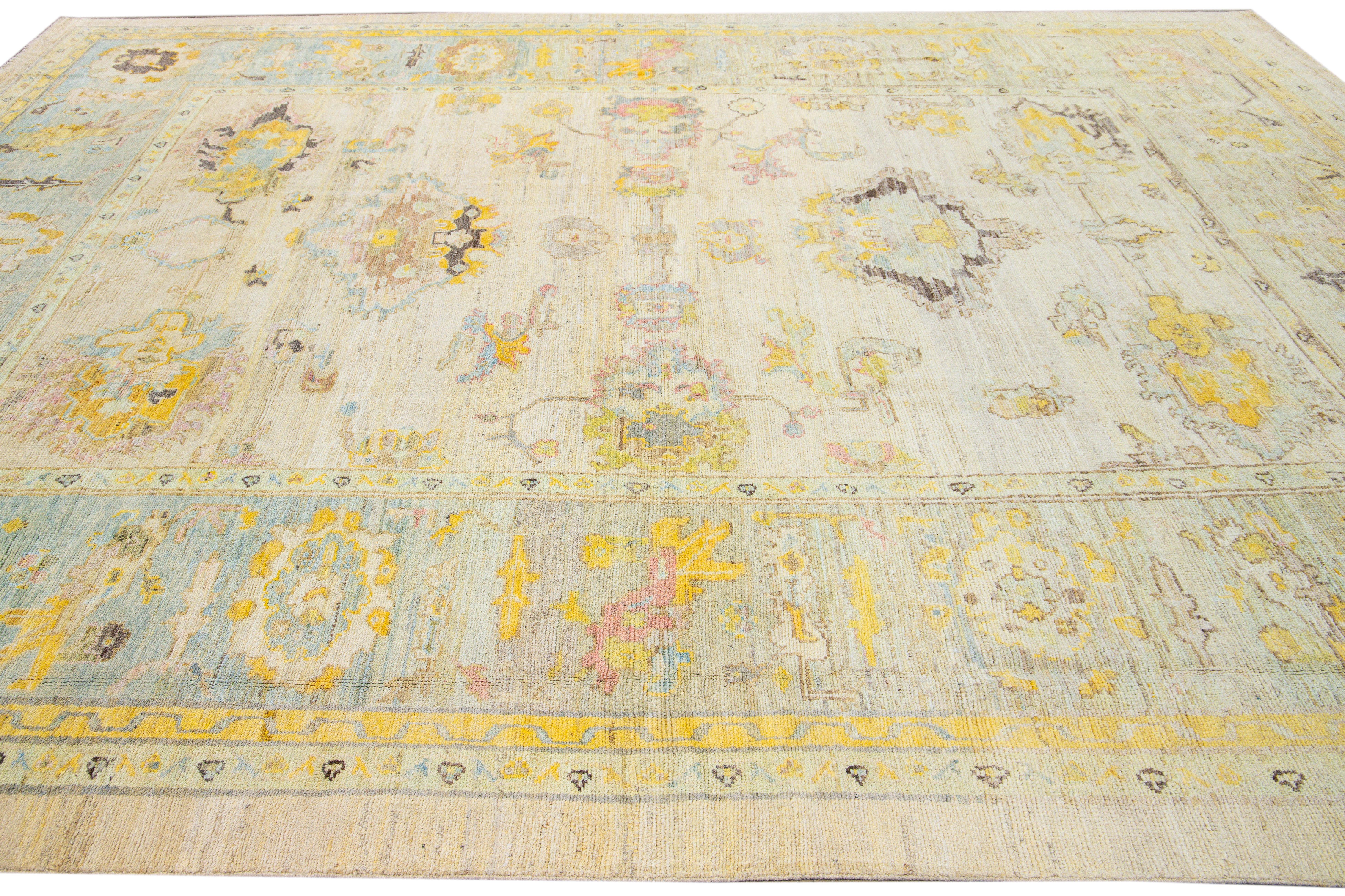 Contemporary Modern Oushak Handmade Floral Yellow Wool Rug For Sale