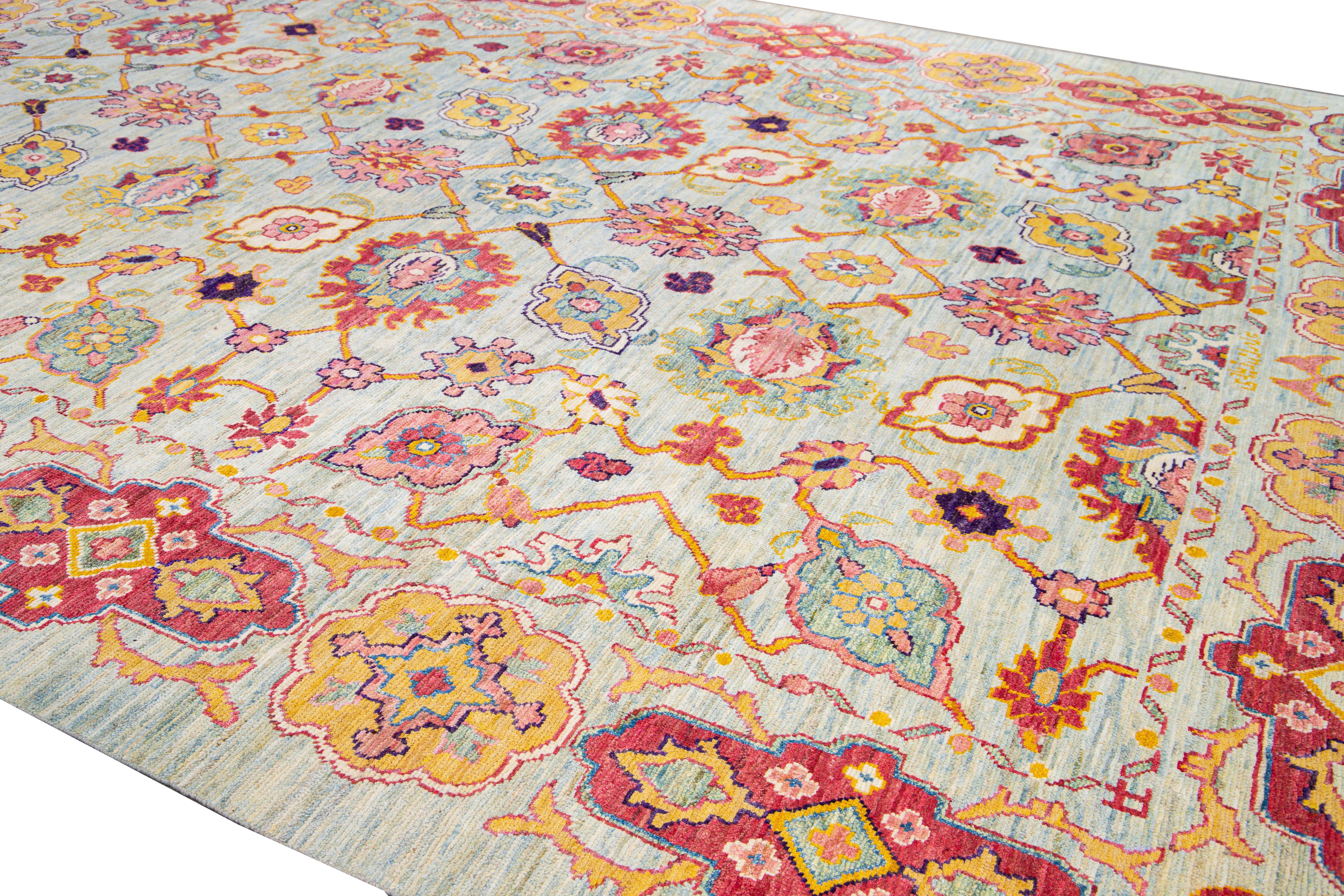 Modern Oushak Handmade Geometric Floral Blue Oversize Wool Rug In New Condition For Sale In Norwalk, CT
