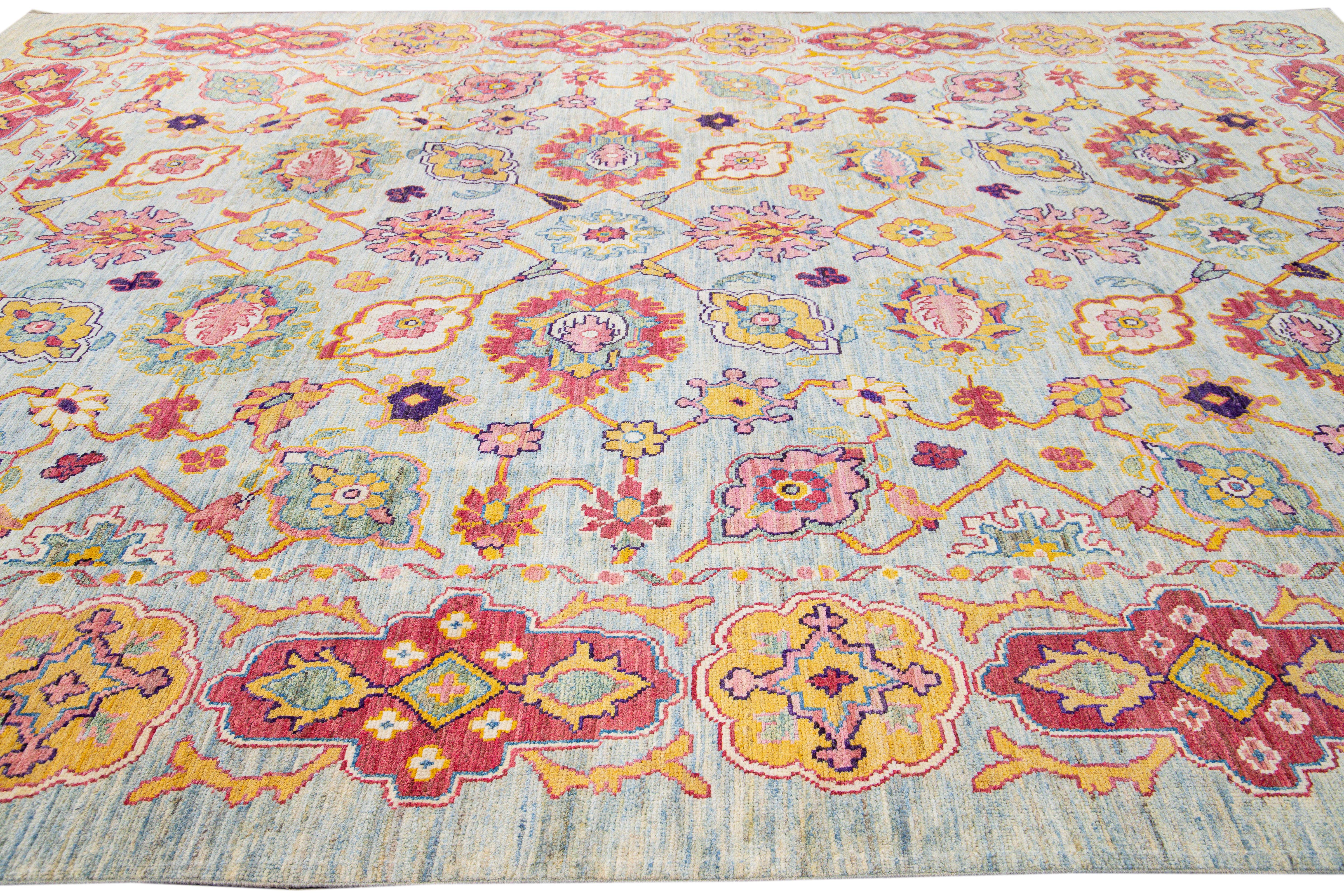 Contemporary Modern Oushak Handmade Geometric Floral Blue Oversize Wool Rug For Sale
