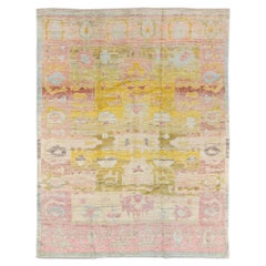 Modern Oushak Handmade Geometric Pattern Peach and Yellow Wool Rug
