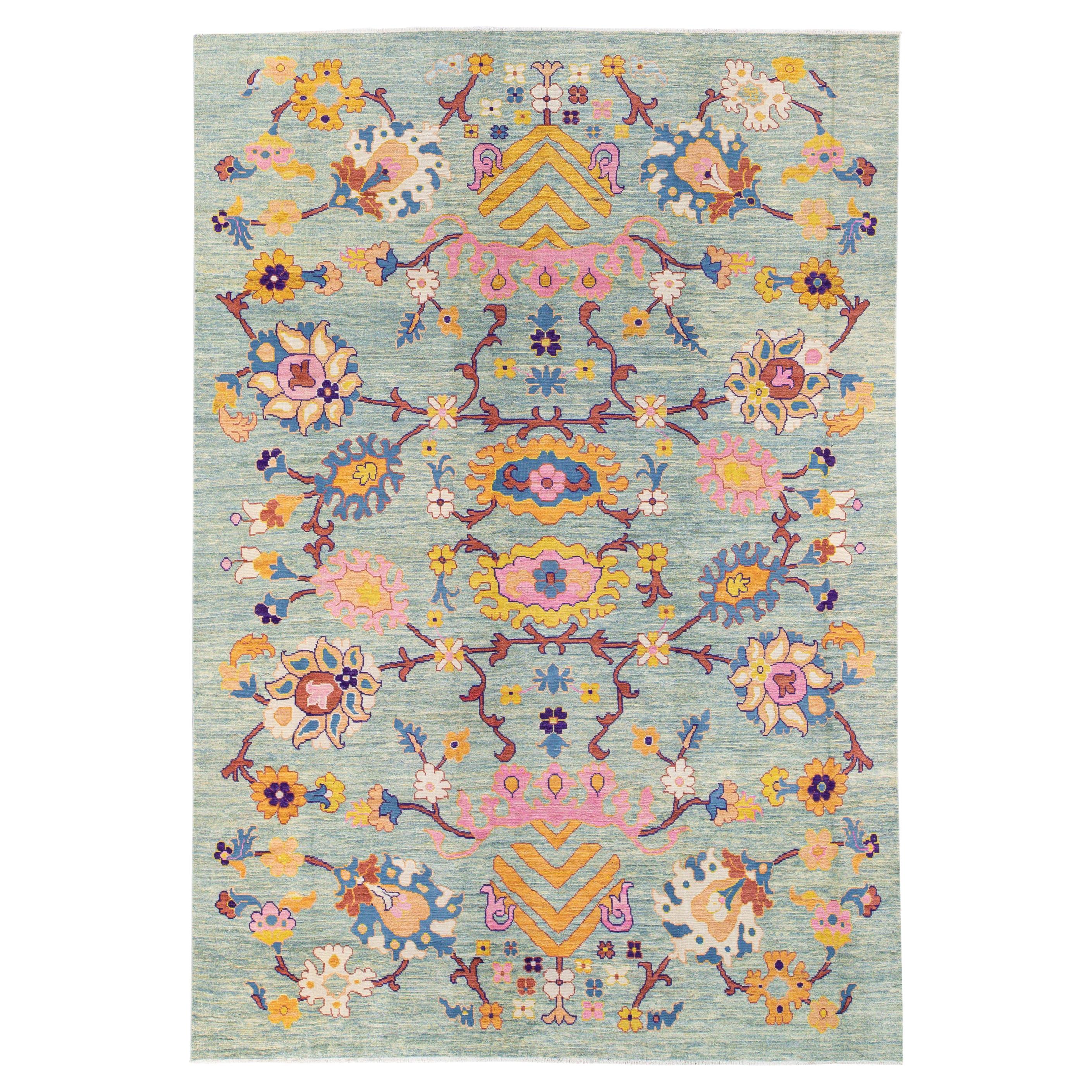Modern Tan Oushak Handmade Multicolor Floral Motif Wool Rug For Sale at