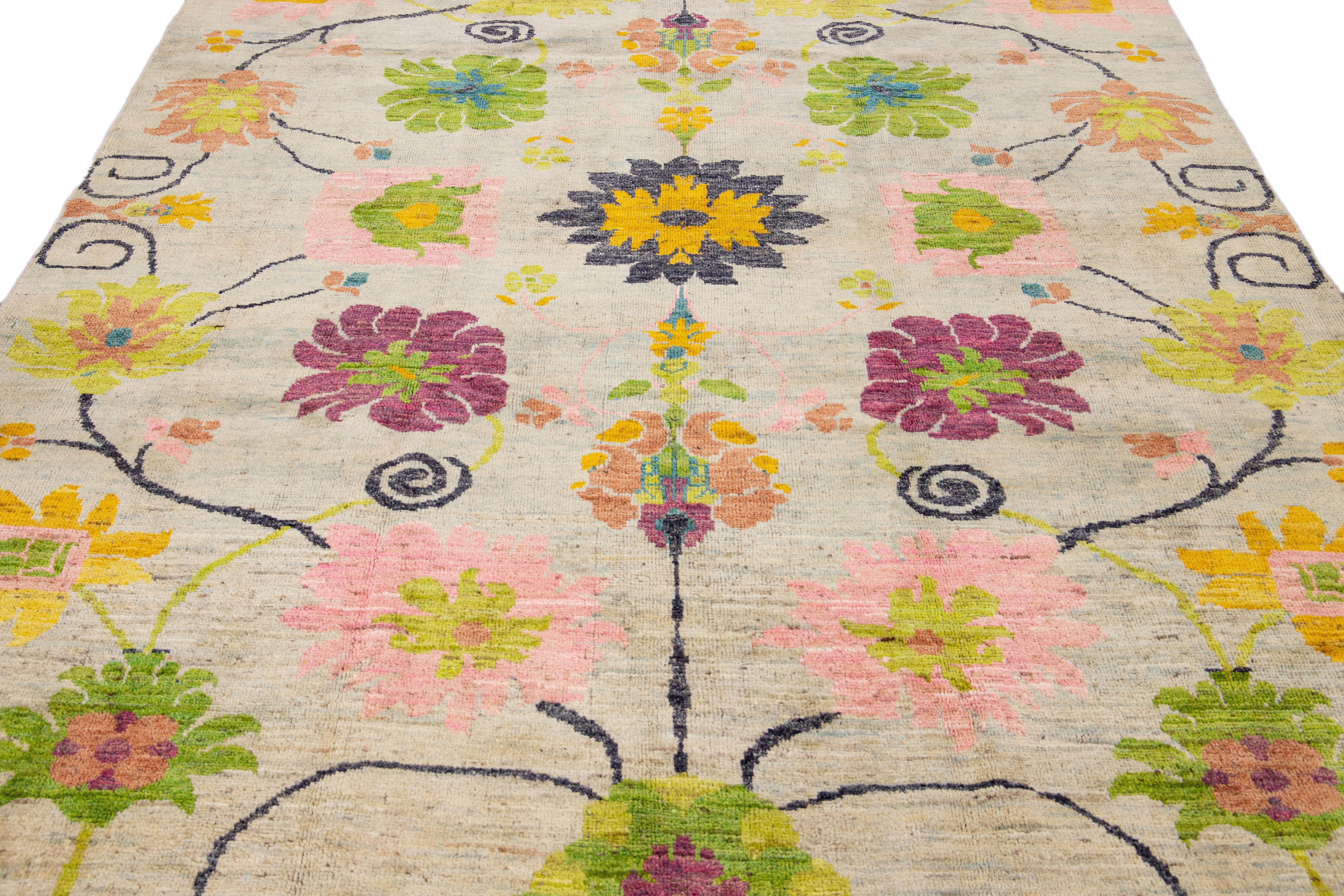 Turkish Modern Oushak Handmade Multicolor Floral Pattern Beige Wool Rug For Sale
