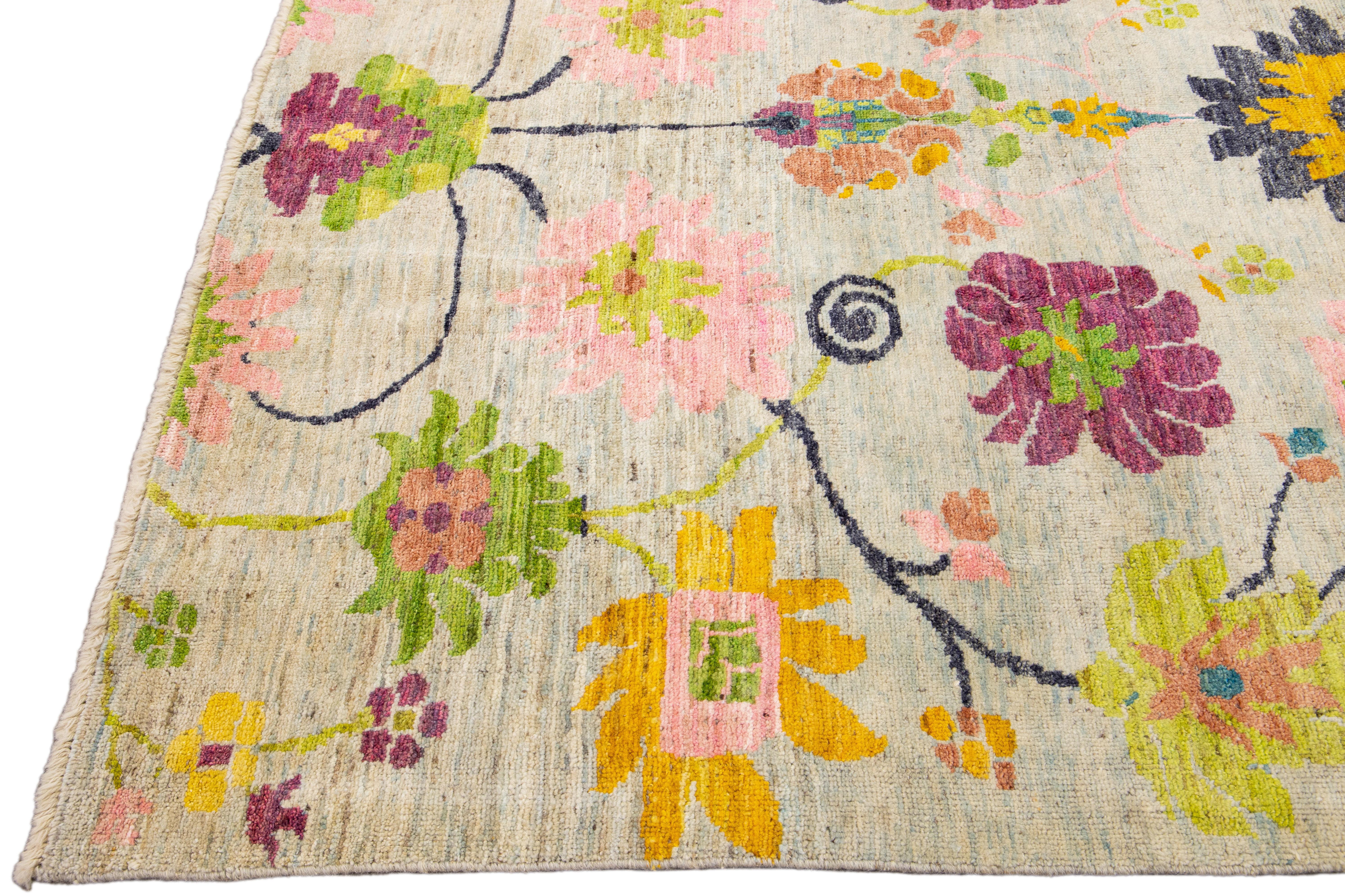 Hand-Knotted Modern Oushak Handmade Multicolor Floral Pattern Beige Wool Rug For Sale