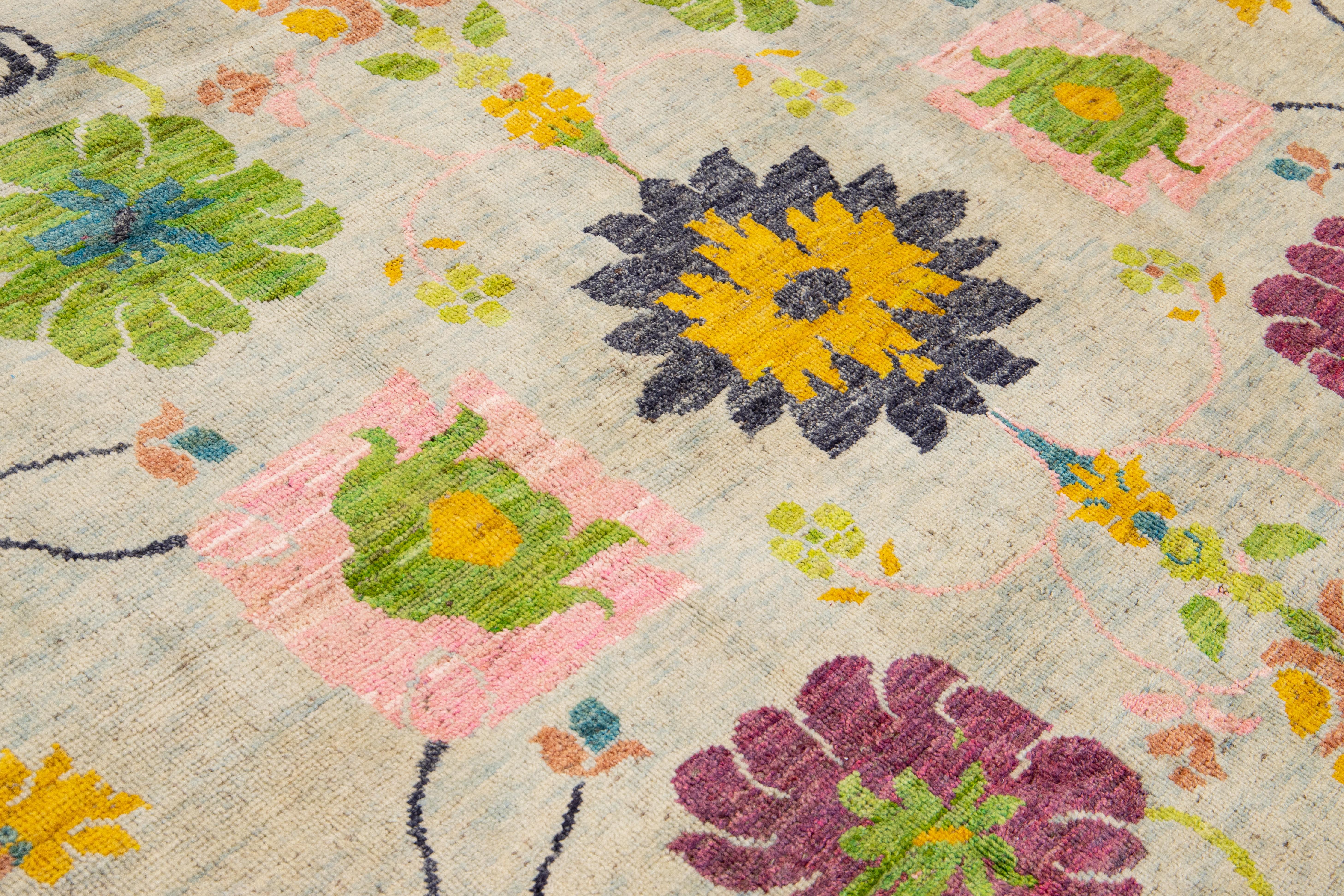 Modern Oushak Handmade Multicolor Floral Pattern Beige Wool Rug For Sale 1