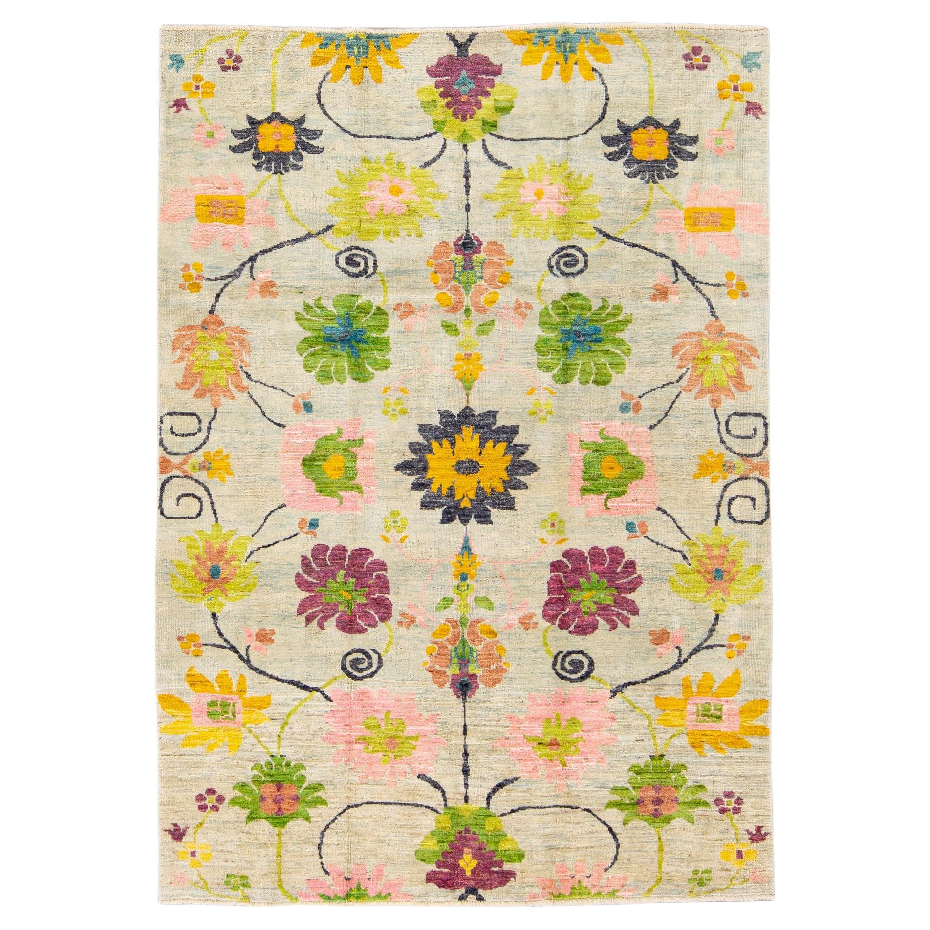 Modern Oushak Handmade Multicolor Floral Pattern Beige Wool Rug For Sale