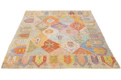 Modern Oushak Handmade Multicolor Geometric Designed Wool Rug