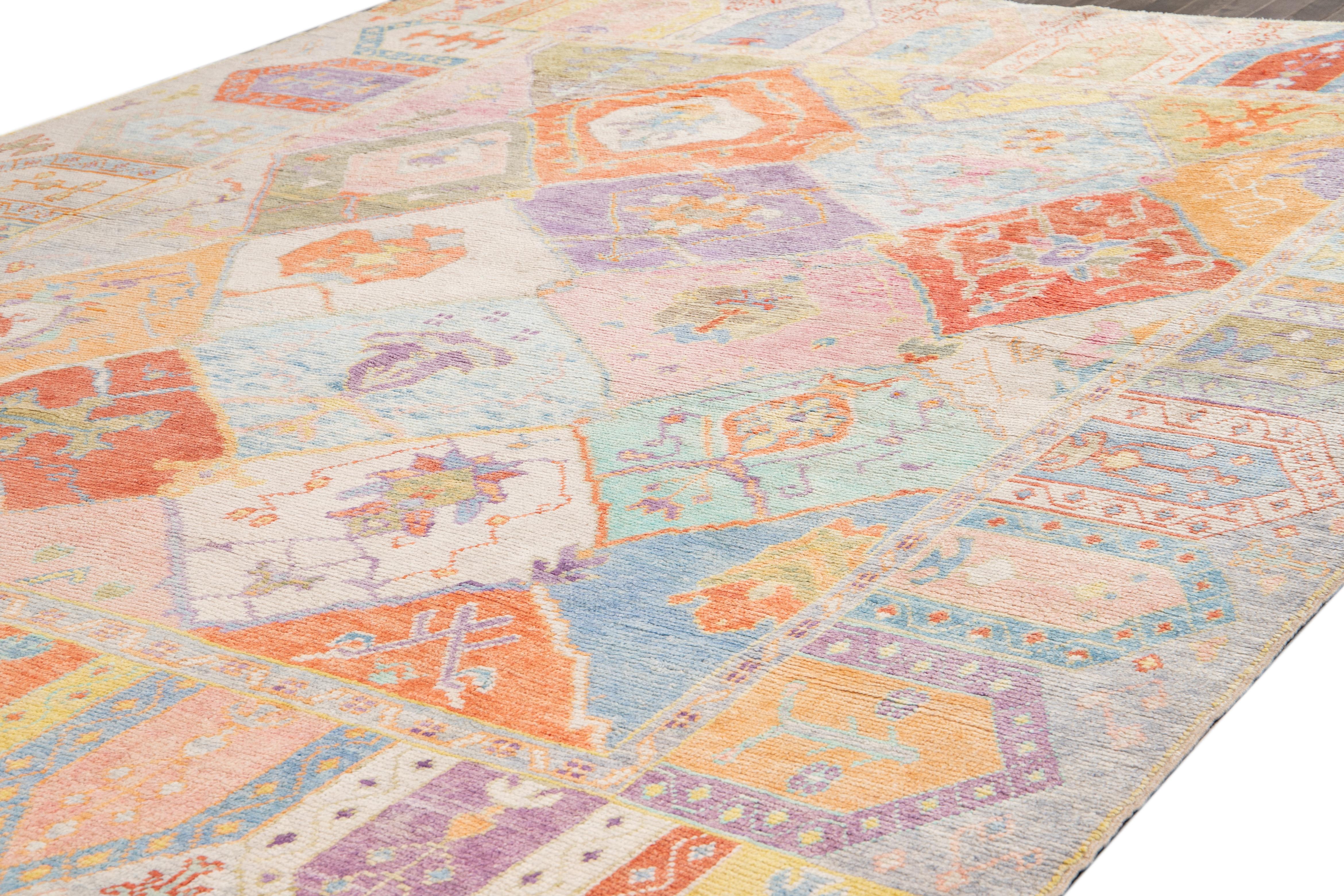 Hand-Knotted Modern Oushak Handmade Multicolor Geometric Designed Wool Rug For Sale