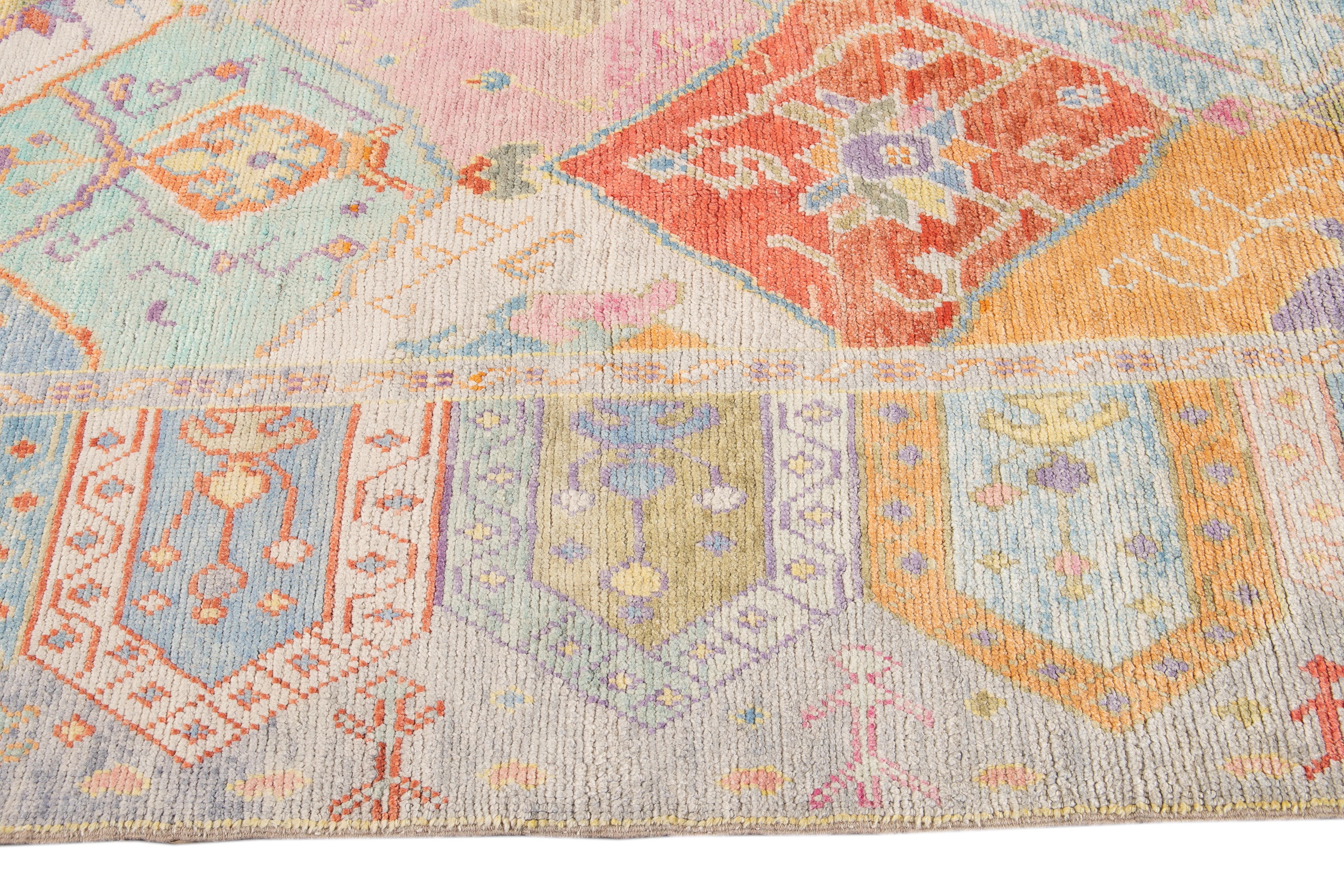 Contemporary Modern Oushak Handmade Multicolor Geometric Designed Wool Rug For Sale