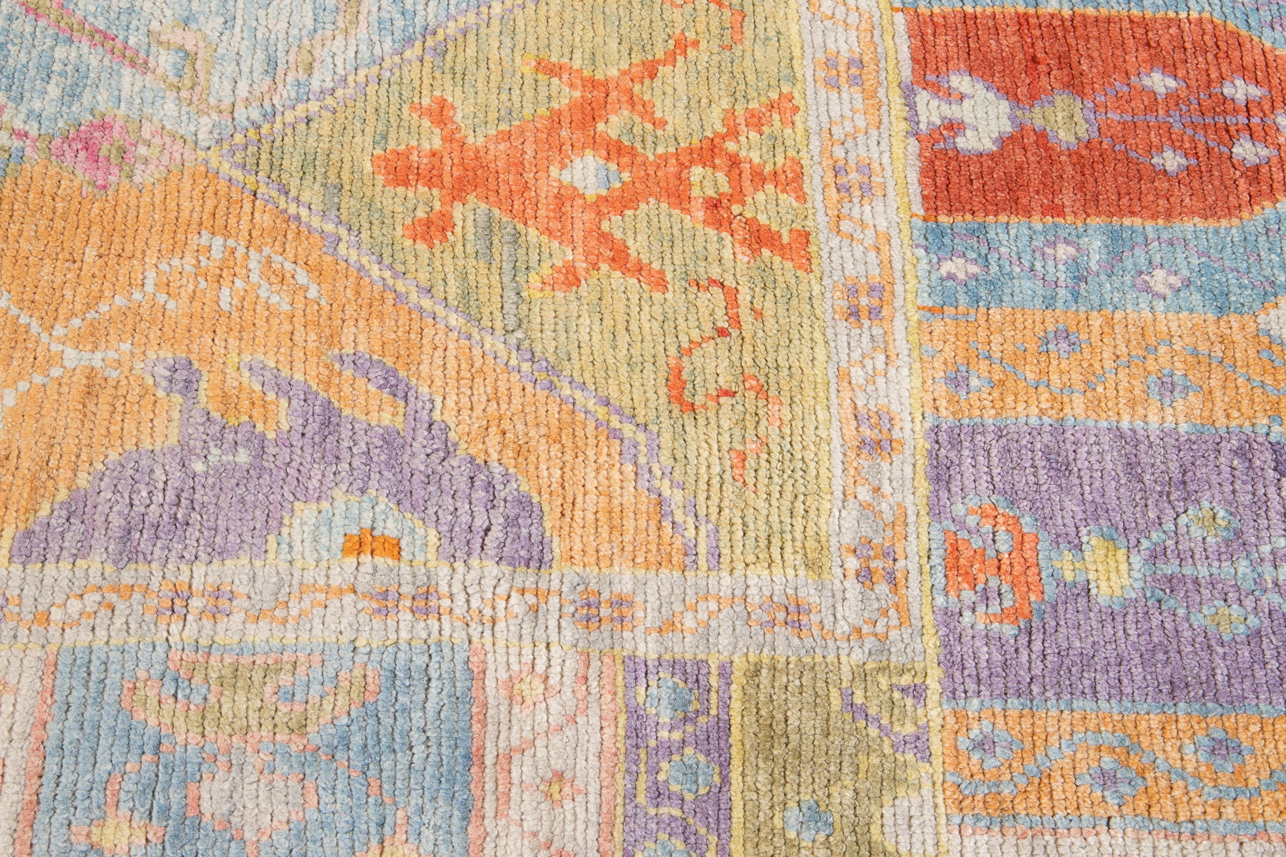 Modern Oushak Handmade Multicolor Geometric Designed Wool Rug For Sale 3