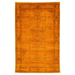 Modern Oushak Handmade Orange Wool Rug With Geometric Pattern