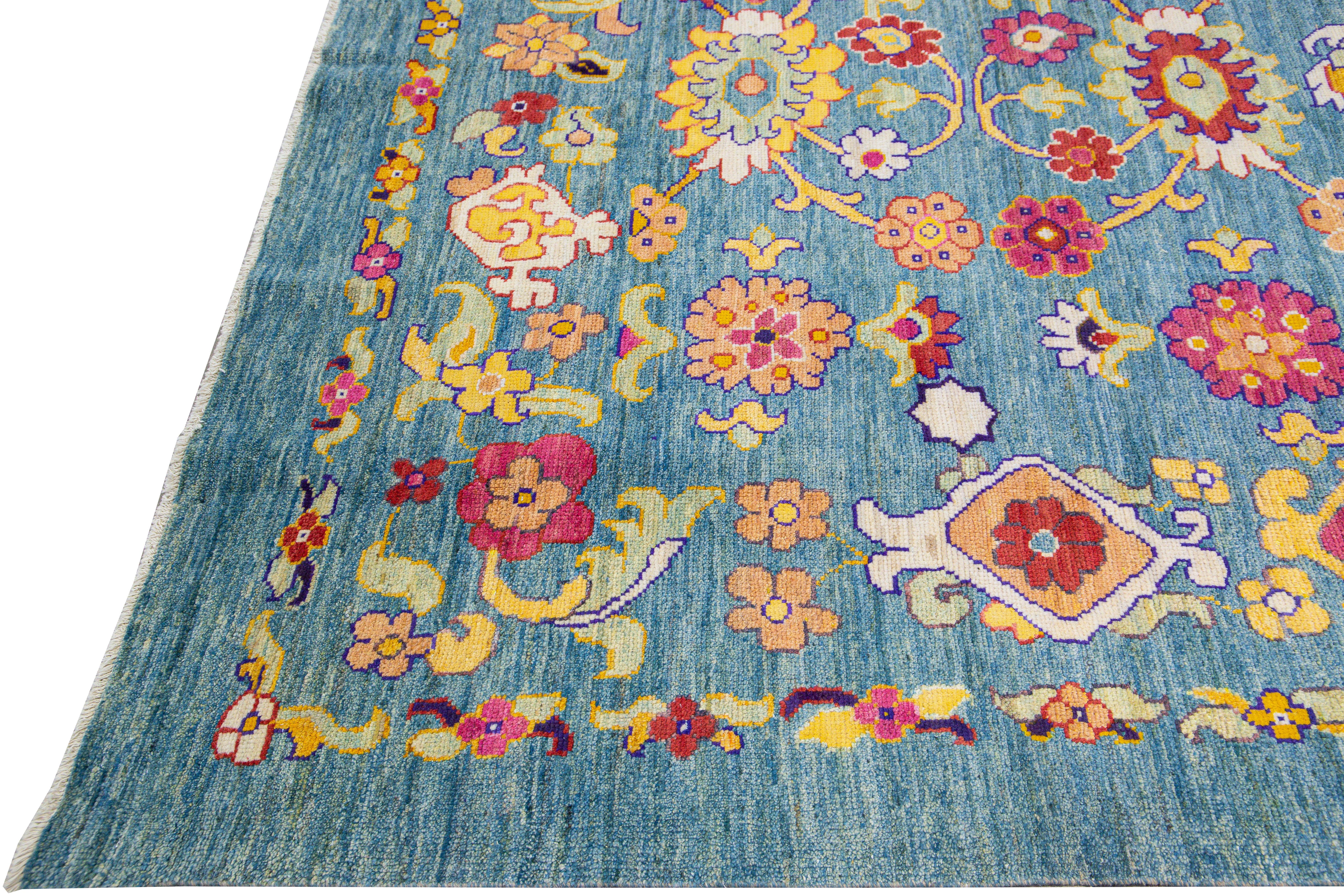 Hand-Knotted Modern Oushak Handmade Tribal Floral Oversize Blue Wool Rug For Sale