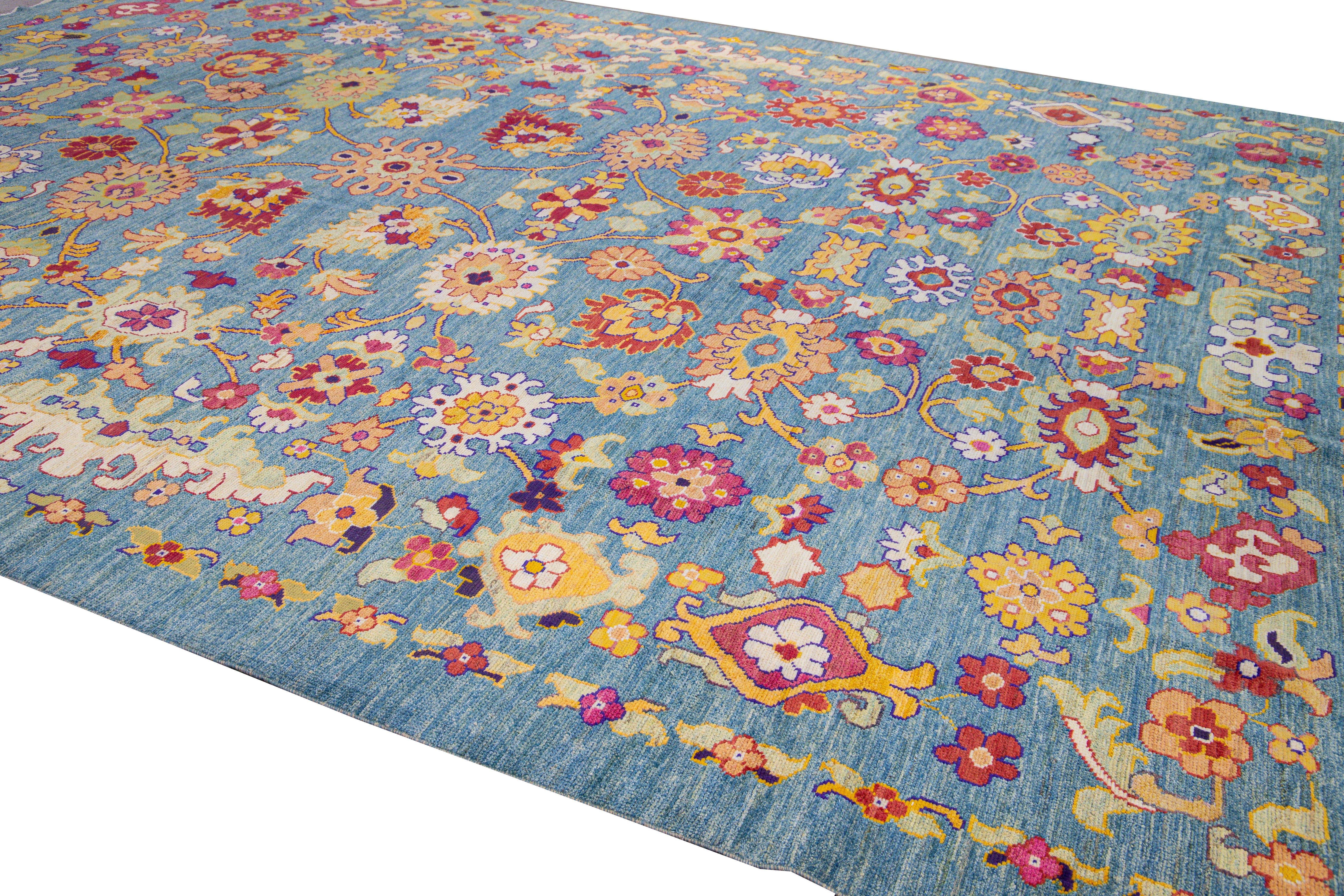 Modern Oushak Handmade Tribal Floral Oversize Blue Wool Rug In New Condition For Sale In Norwalk, CT