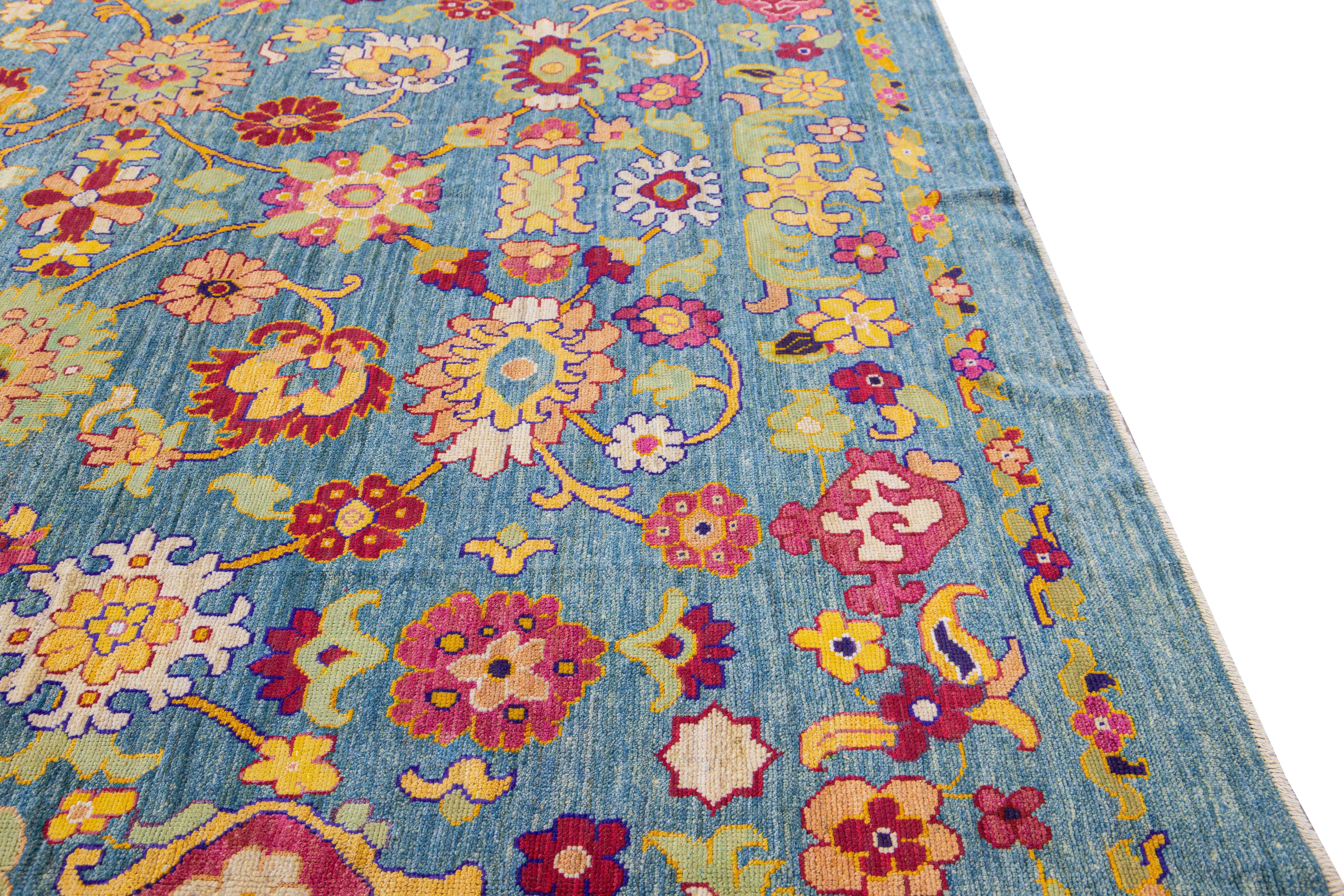 Modern Oushak Handmade Tribal Floral Oversize Blue Wool Rug For Sale 2
