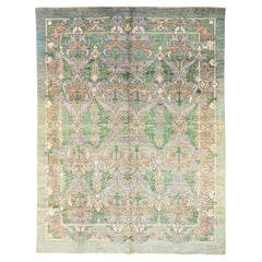 Modern Oushak Handmade Vine Scroll Pattern Green Wool Rug