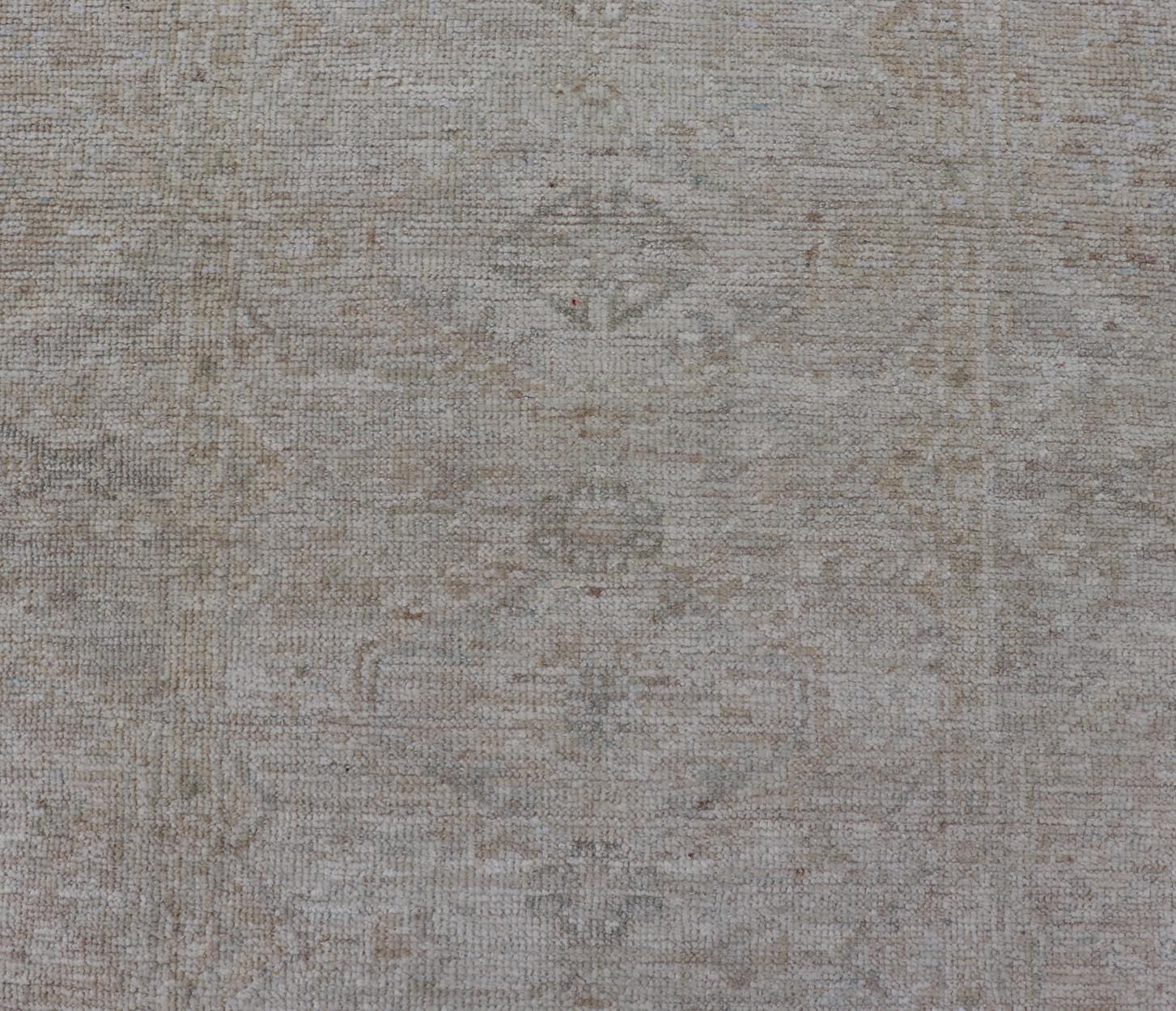 Hand-Knotted Modern Oushak in Light Gray Background & Blue with All-Over Medallion Motif For Sale