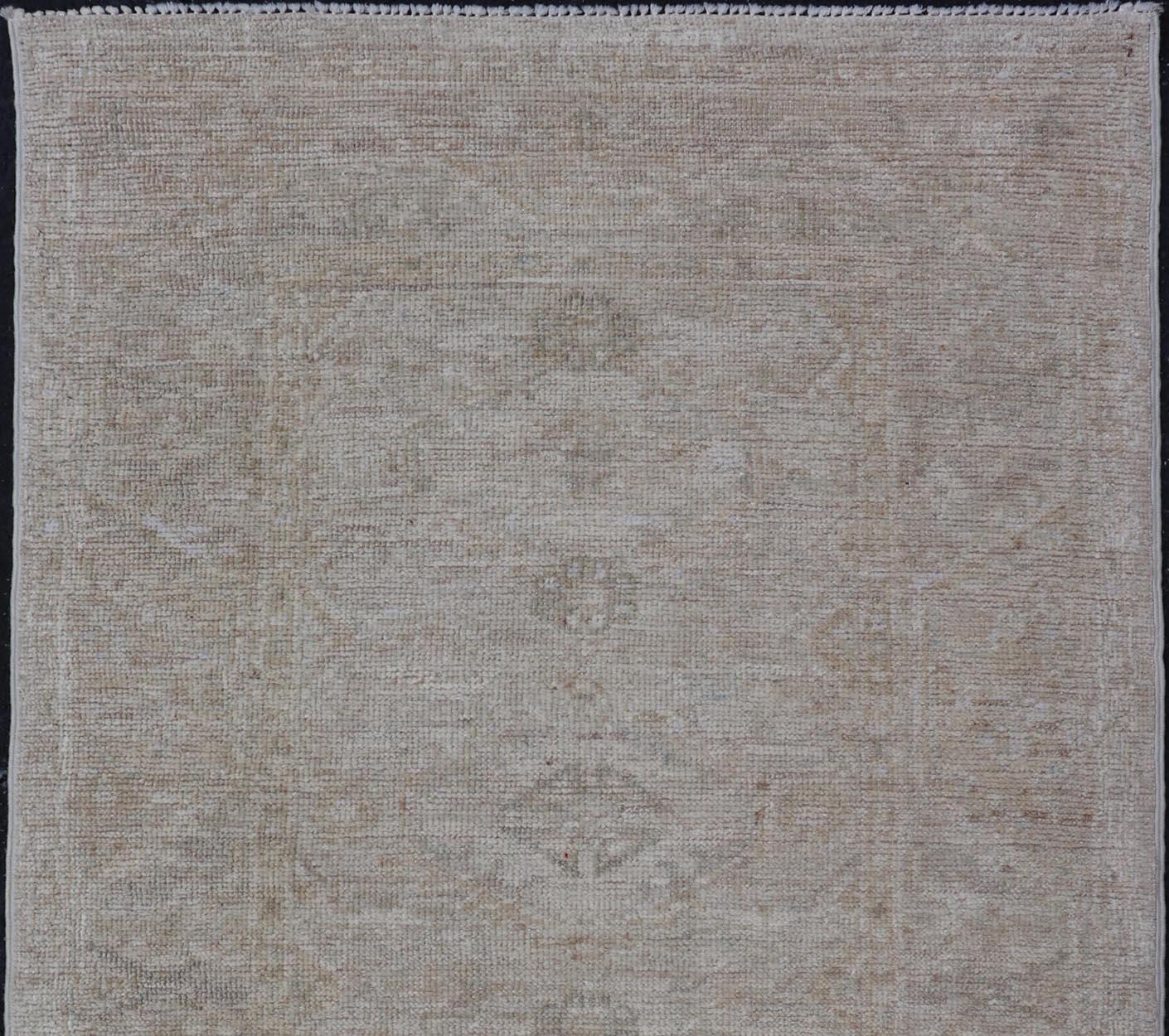 Contemporary Modern Oushak in Light Gray Background & Blue with All-Over Medallion Motif For Sale