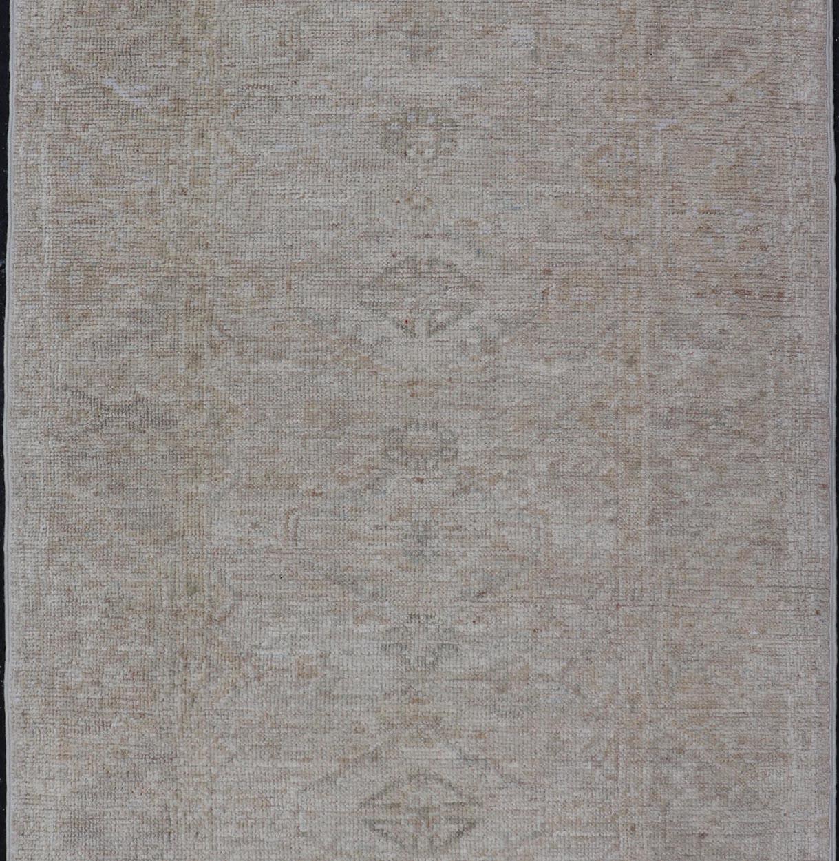 Wool Modern Oushak in Light Gray Background & Blue with All-Over Medallion Motif For Sale