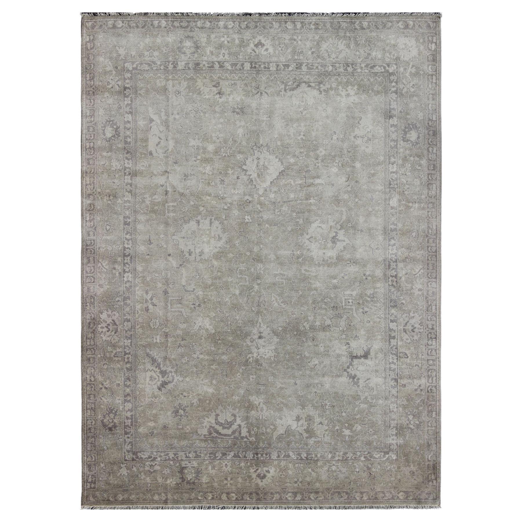 Modern Oushak Light Colored Rug in Taupe, Sand, Light Purple/Lavender and Grey 