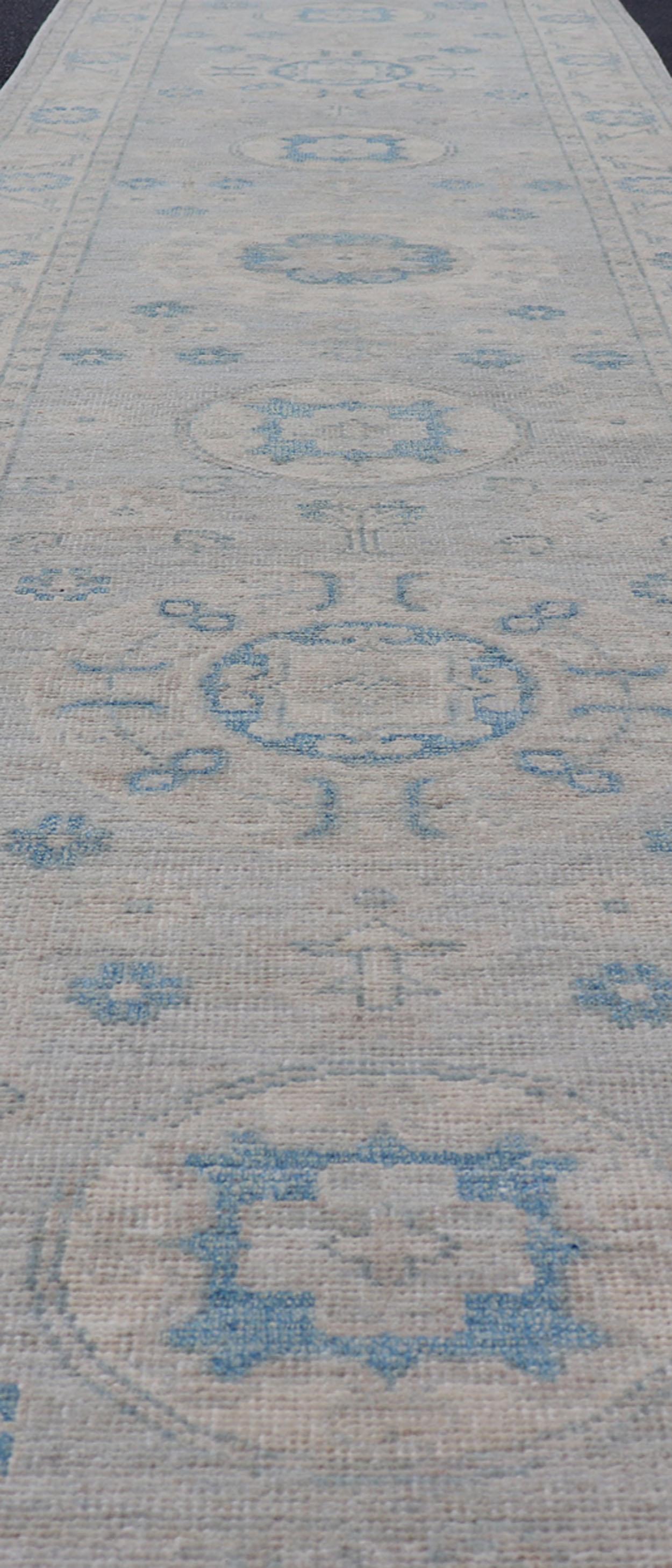 Modern Oushak Medallion Design Runner In Blue & Earthy Colors With Medallions  4