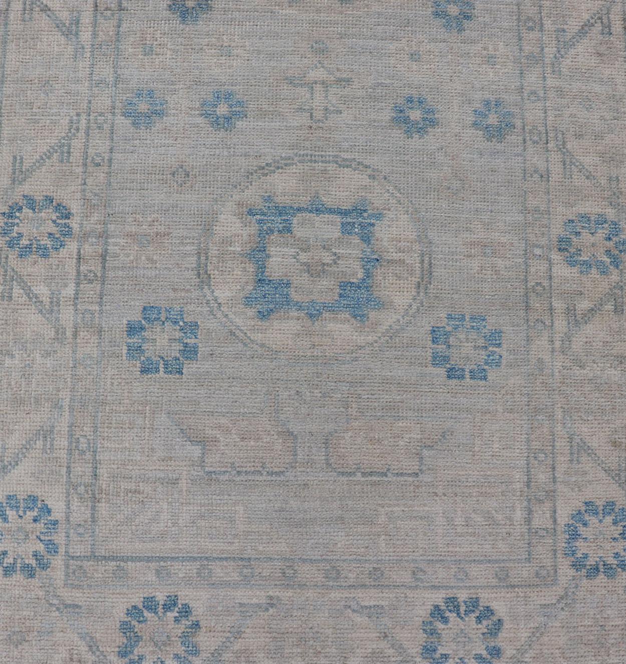 Hand-Knotted Modern Oushak Medallion Design Runner In Blue & Earthy Colors With Medallions  For Sale