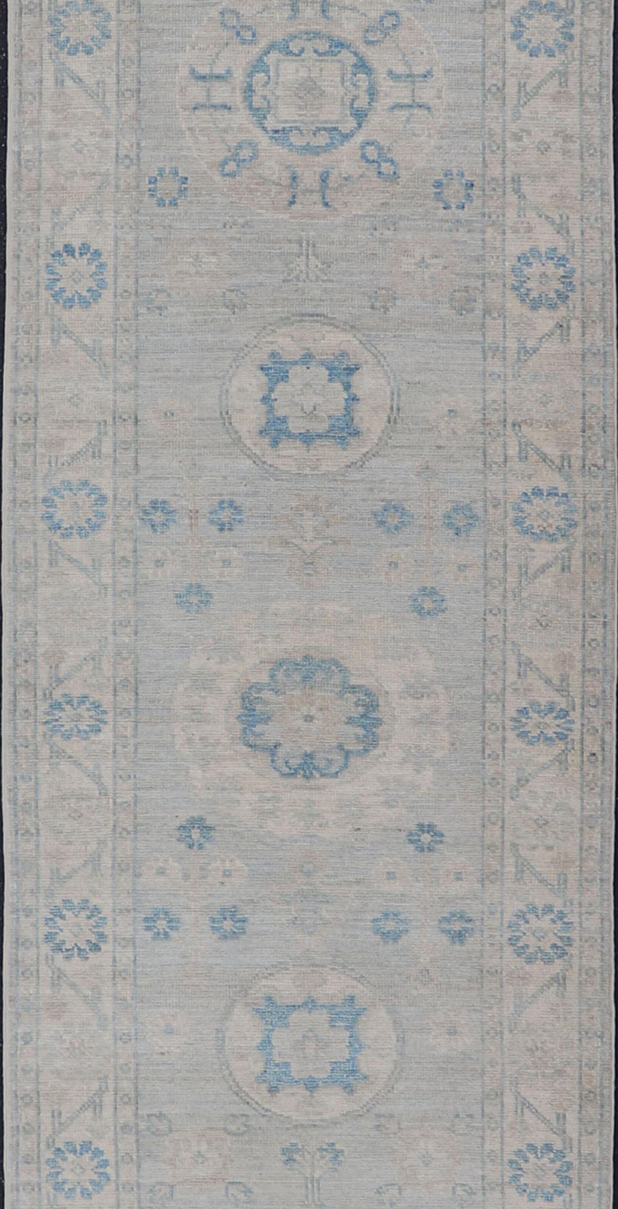 Contemporary Modern Oushak Medallion Design Runner In Blue & Earthy Colors With Medallions  For Sale