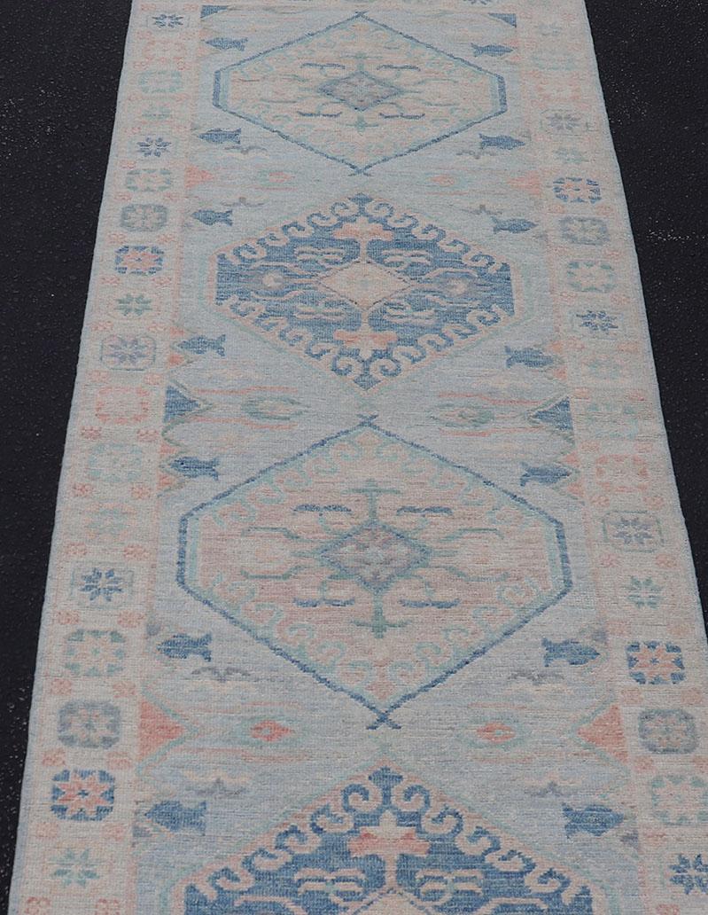 Modern Oushak Medallion Design Runner With Light Blue Color With Muted Colors For Sale 3