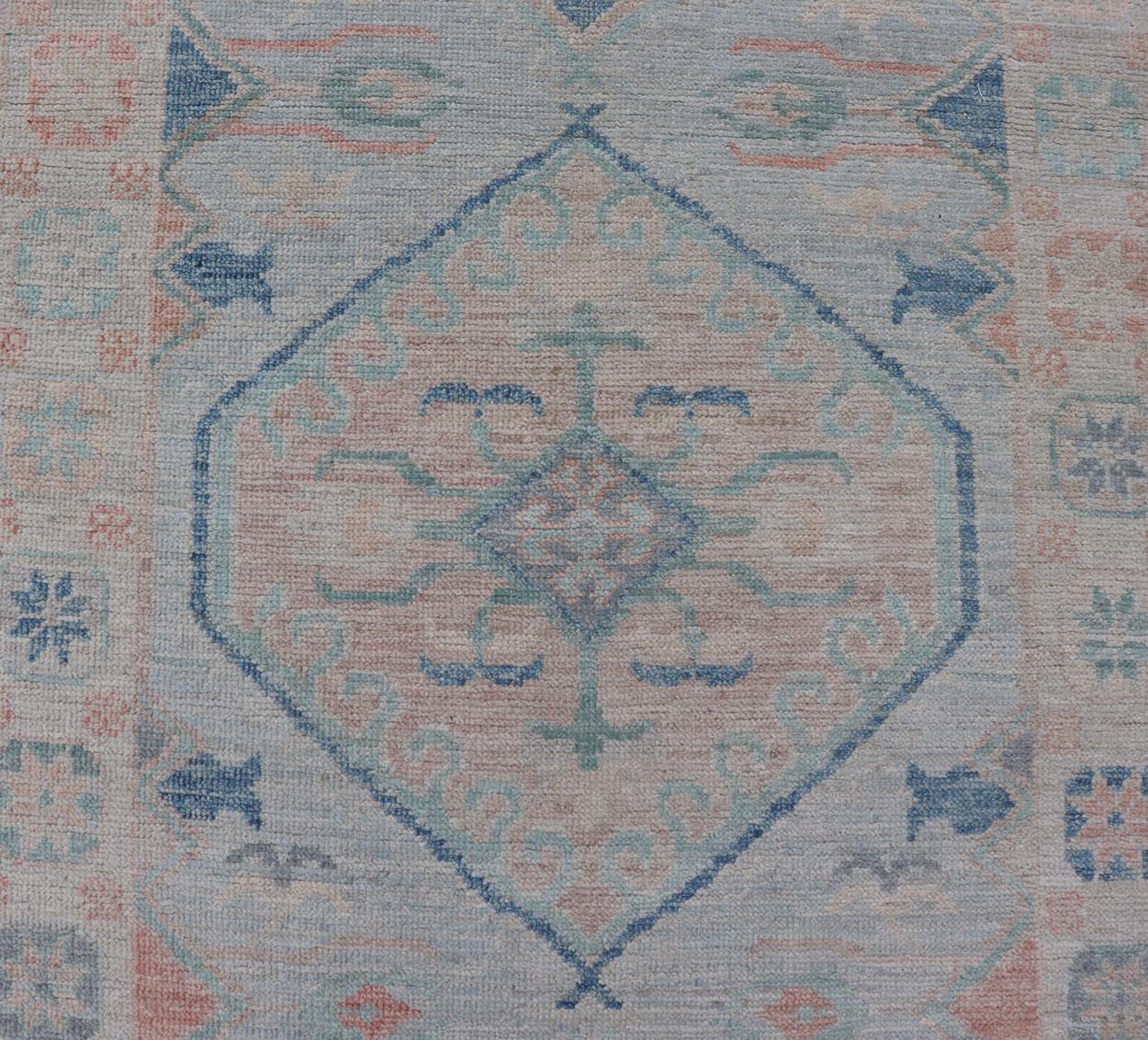 Measures: 2'10 x 9'10 
Modern Oushak Medallion Design Runner With Light Blue Color With Muted Colors. Keivan Woven Arts; rug AWR-12848 / Country of Origin: Afghanistan  Type: Oushak  Circa 2020-  Key Words: Medallion Oushak Runner. 

This runner