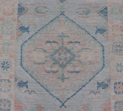 Modern Oushak Medallion Design Runner With Light Blue Color by Keivan Woven Arts