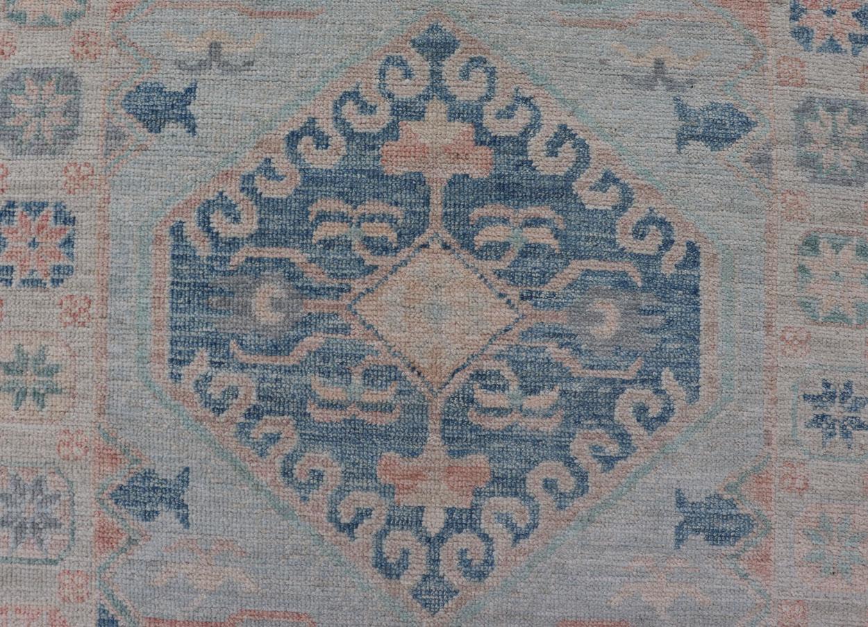 Afghan Modern Oushak Medallion Design Runner With Light Blue Color With Muted Colors For Sale