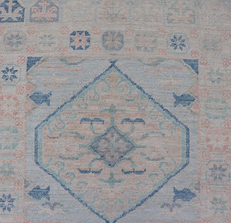 Hand-Knotted Modern Oushak Medallion Design Runner With Light Blue Color With Muted Colors For Sale