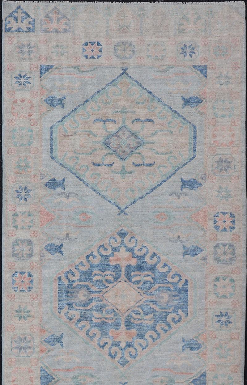 Contemporary Modern Oushak Medallion Design Runner With Light Blue Color With Muted Colors For Sale