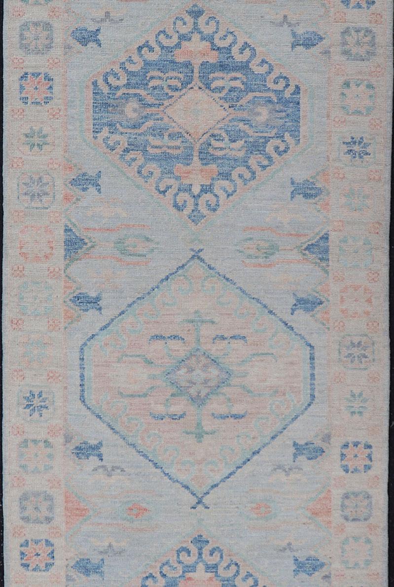 Wool Modern Oushak Medallion Design Runner With Light Blue Color With Muted Colors For Sale
