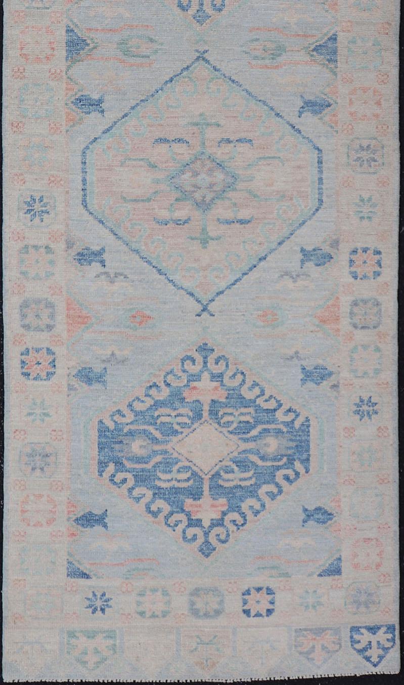 Modern Oushak Medallion Design Runner With Light Blue Color With Muted Colors For Sale 1