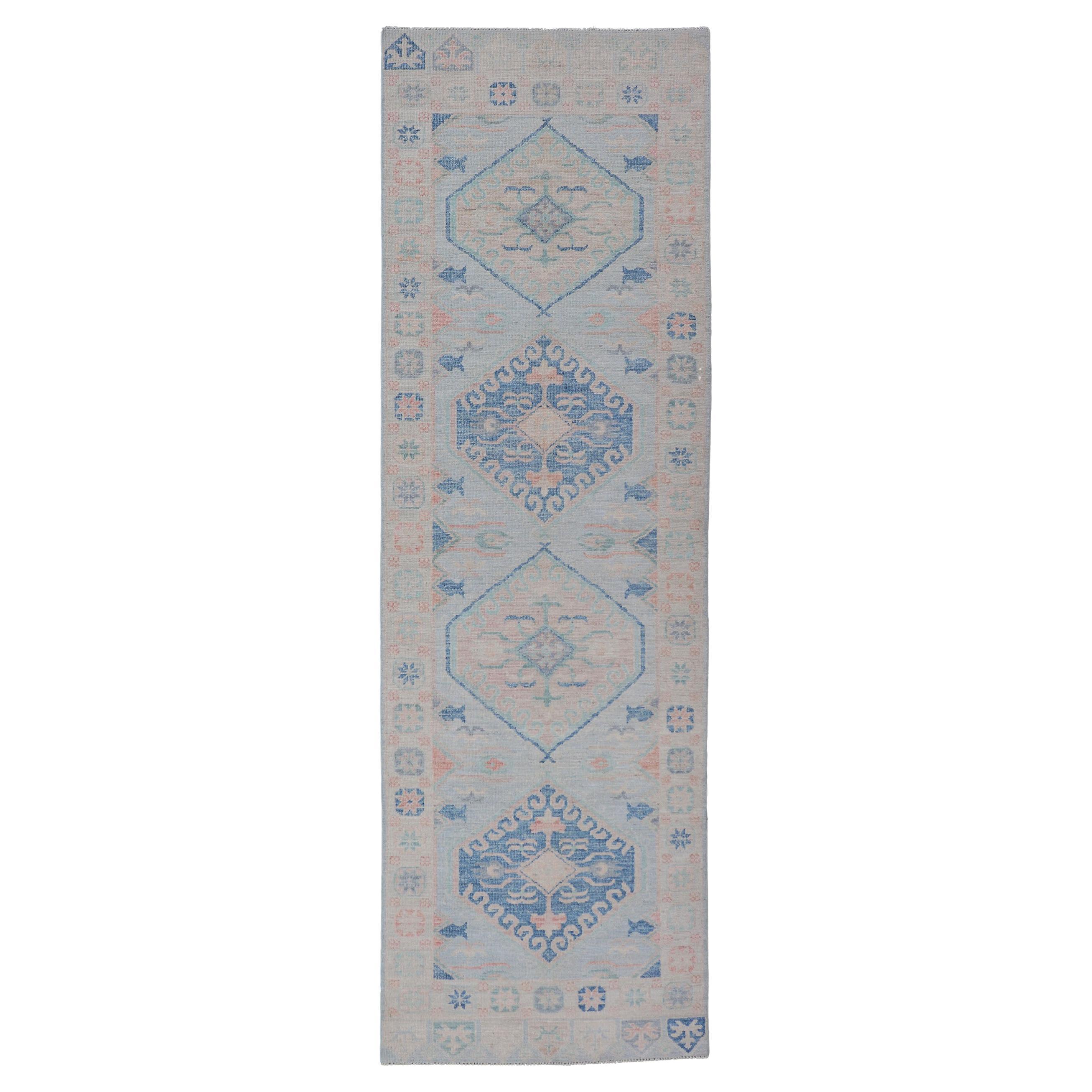 Modern Oushak Medallion Design Runner With Light Blue Color With Muted Colors