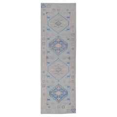 Modern Oushak Medallion Design Runner With Light Blue Color With Muted Colors