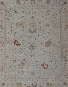 Modern Oushak Muted Rug in Coral and Light Blue