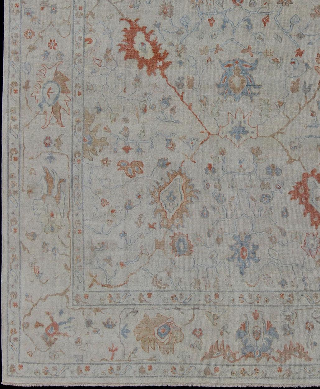 Indian Modern Oushak Muted Rug in Coral and Light Blue