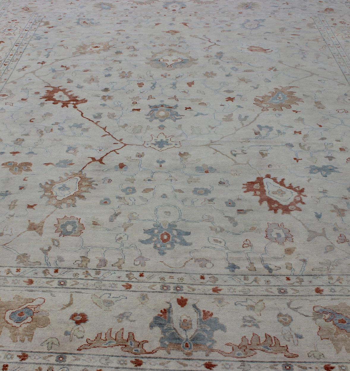 Indian Modern Oushak Muted Rug in Coral and Light Blue For Sale
