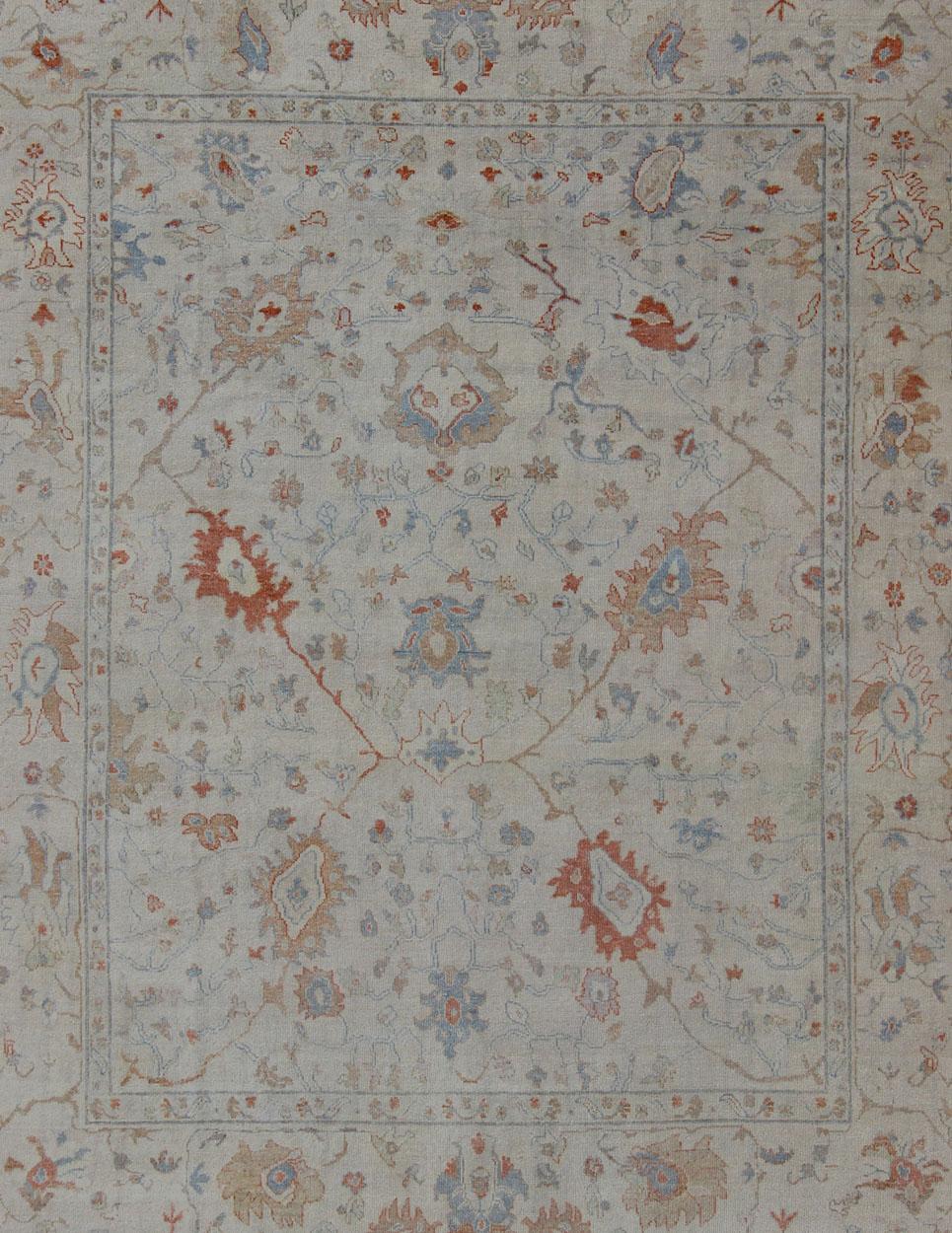 Hand-Knotted Modern Oushak Muted Rug in Coral and Light Blue