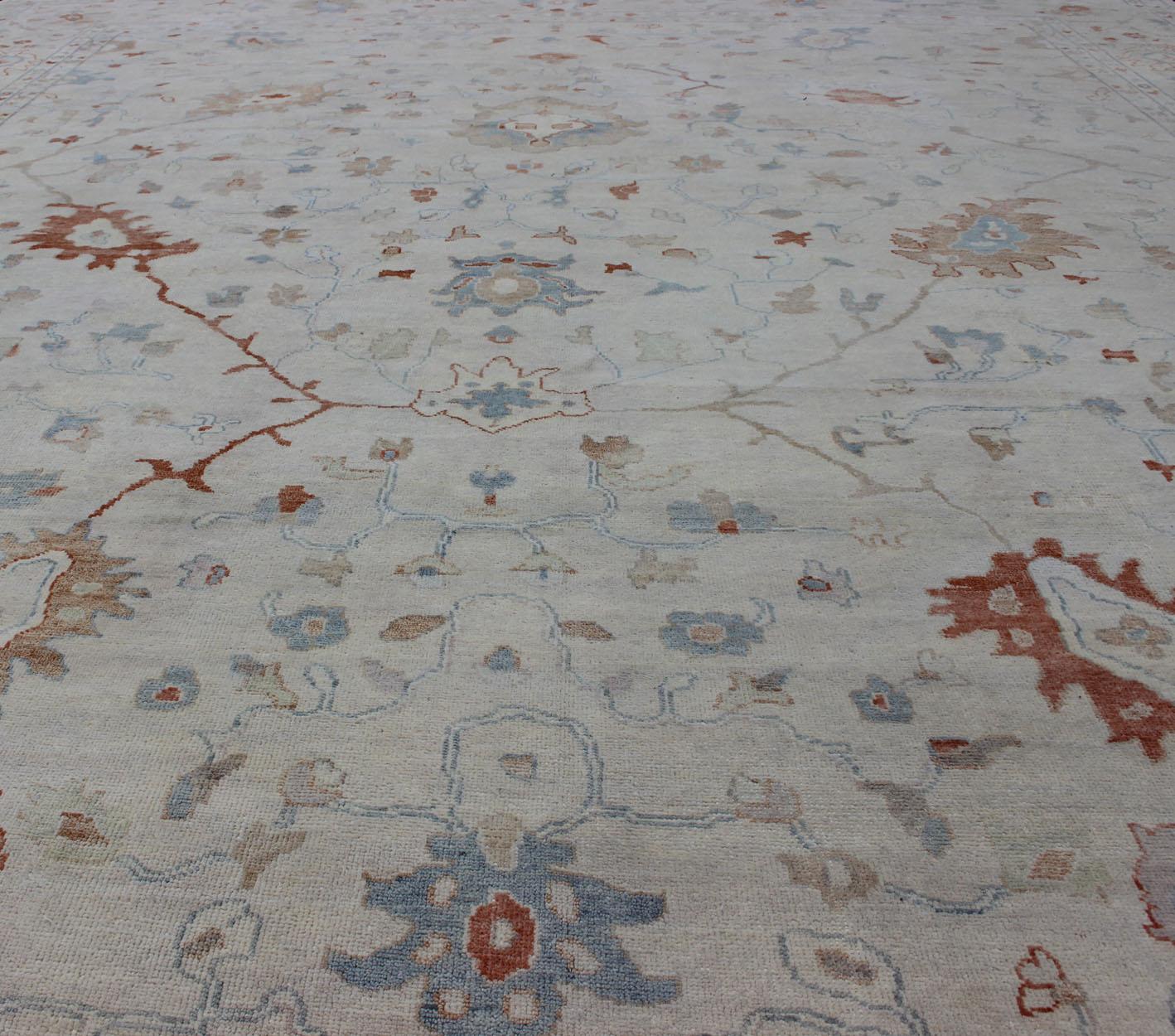 Hand-Knotted Modern Oushak Muted Rug in Coral and Light Blue For Sale