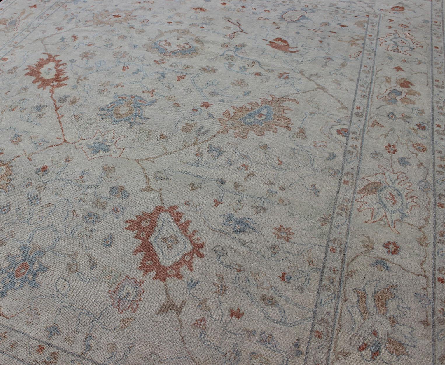 Modern Oushak Muted Rug in Coral and Light Blue In New Condition In Atlanta, GA