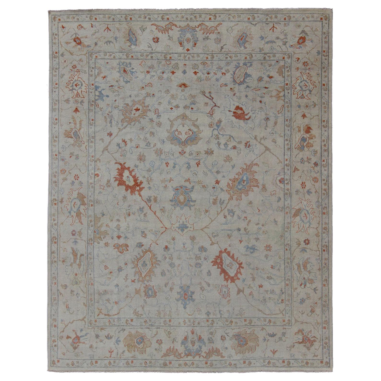 Modern Oushak Muted Rug in Coral and Light Blue