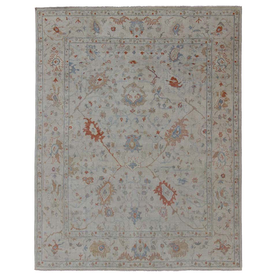 Modern Oushak Muted Rug in Coral and Light Blue For Sale at 1stDibs