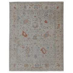 Modern Oushak Muted Rug in Coral and Light Blue