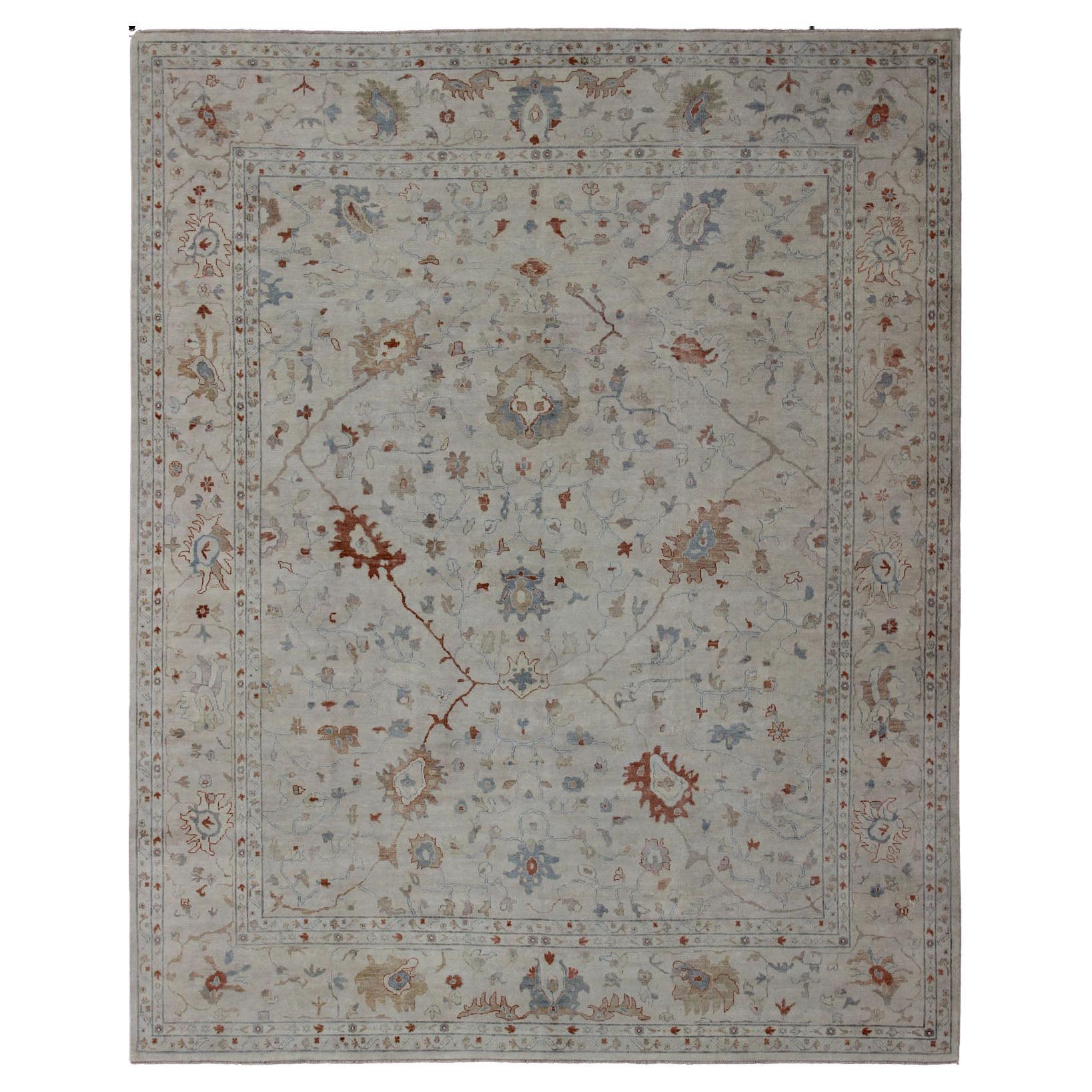 Modern Oushak Muted Rug in Coral and Light Blue For Sale