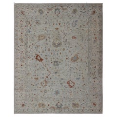 Modern Oushak Muted Rug in Coral and Light Blue
