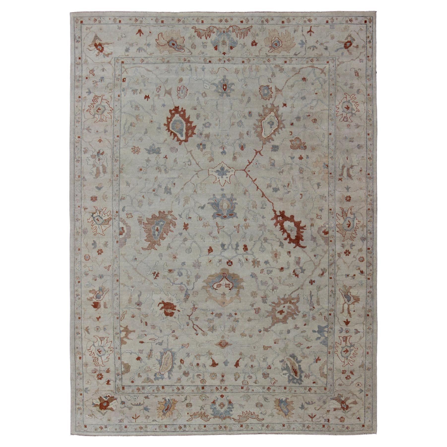 Modern Oushak Rug With All-Over Floral Design in Wool by Keivan Woven Arts 