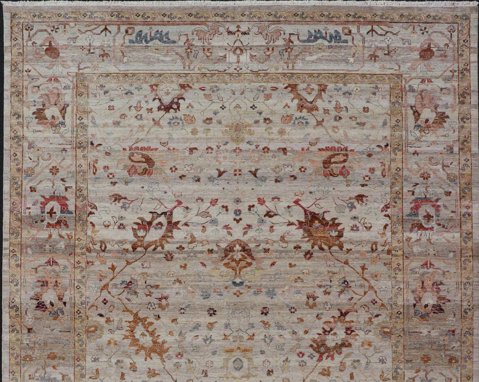 Modern Oushak Muted Rug in Earthy Tones on a Cream Background For Sale 4