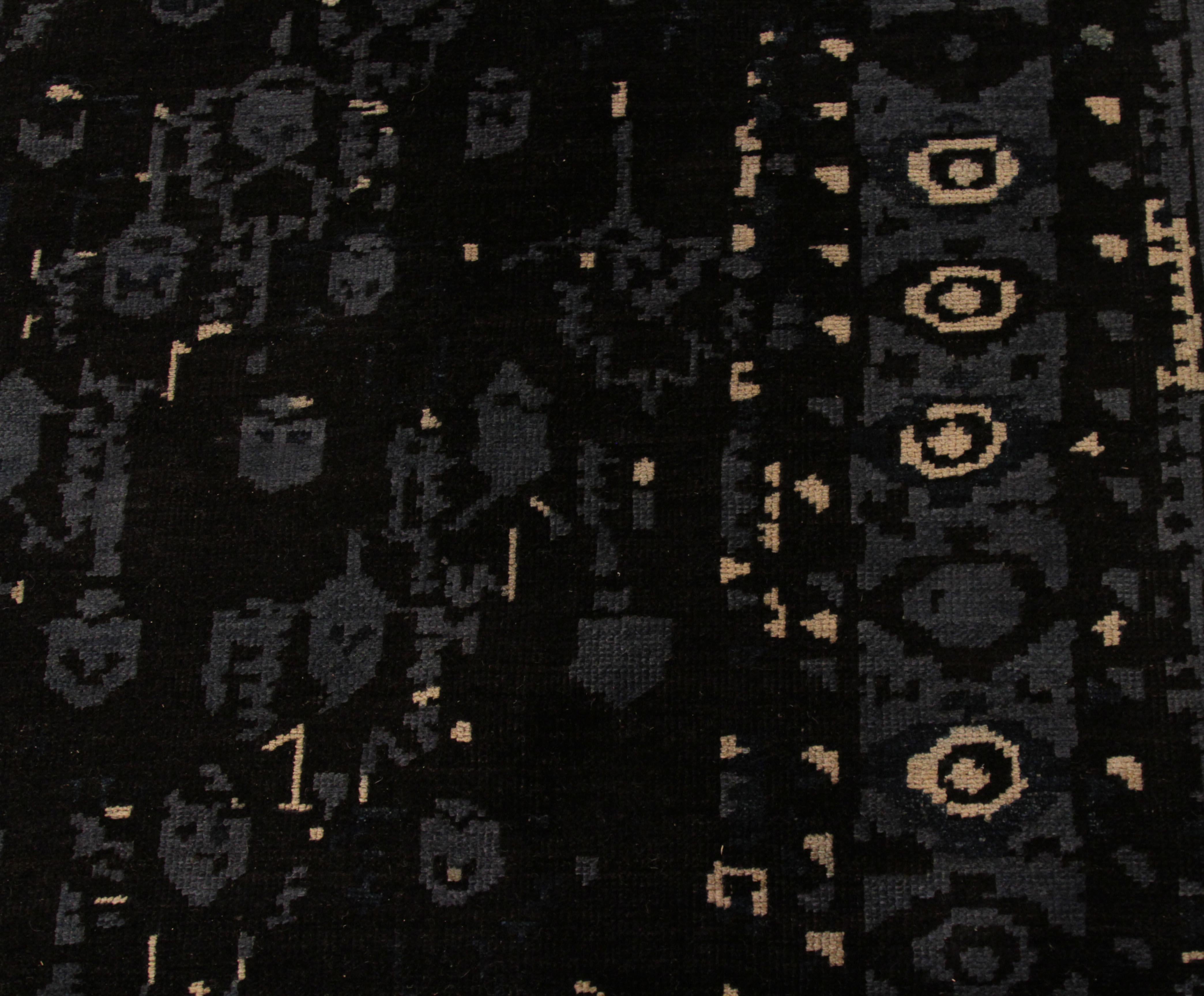 Moderner moderner Oushak-Perserteppich in Schwarz und Grau mit geometrischen Details (Handgeknüpft) im Angebot